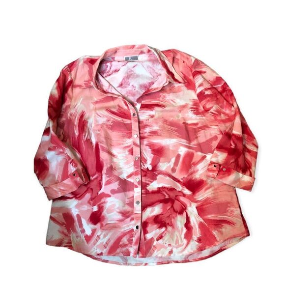 JM Collection Pink White Apple Sumi Ink Brush button down blouse silver sleek bu - Picture 4 of 10